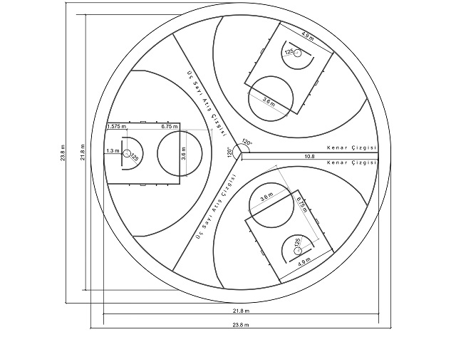 Construction of Sports Fields & Multi-Purpose Sports Fields / Three Way Circle Basketball Court - 60124  Teknik Resim