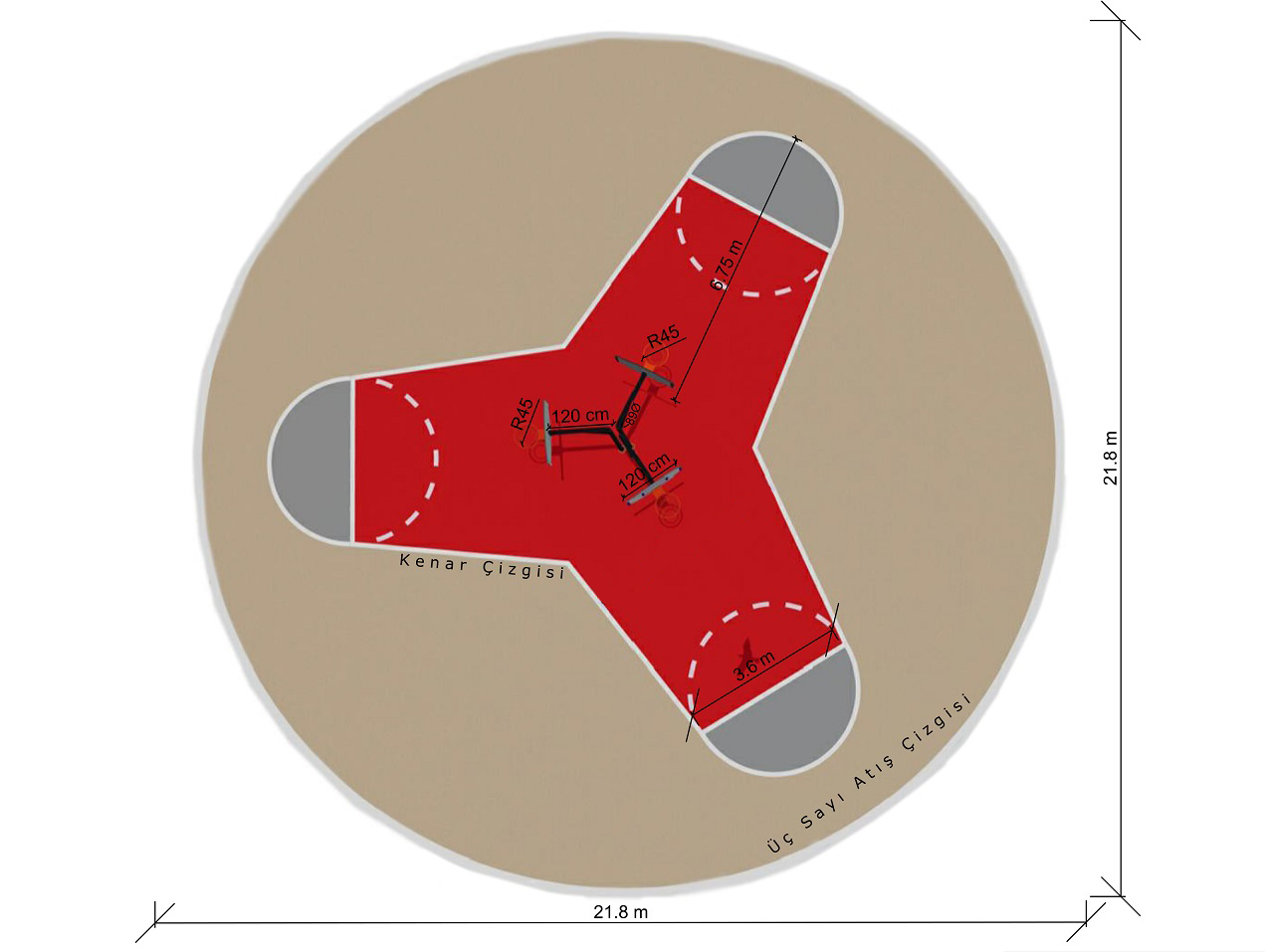 Construction of Sports Fields & Multi-Purpose Sports Fields / Three-Way Circle Training Type Basketball Court - 60122   Teknik Resim