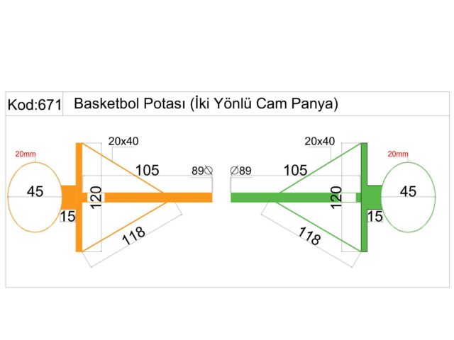 Basketball Court Equipment / Training Type Two-Way Basketball Hoop with Glass Backboard (90x120) - 60281 Teknik Resim