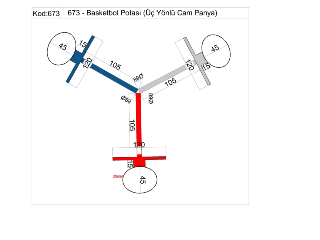 Basketball Court Equipment / Training Type Three-Way Basketball Hoop with Glass Backboard (90x120) - 60283 Teknik Resim